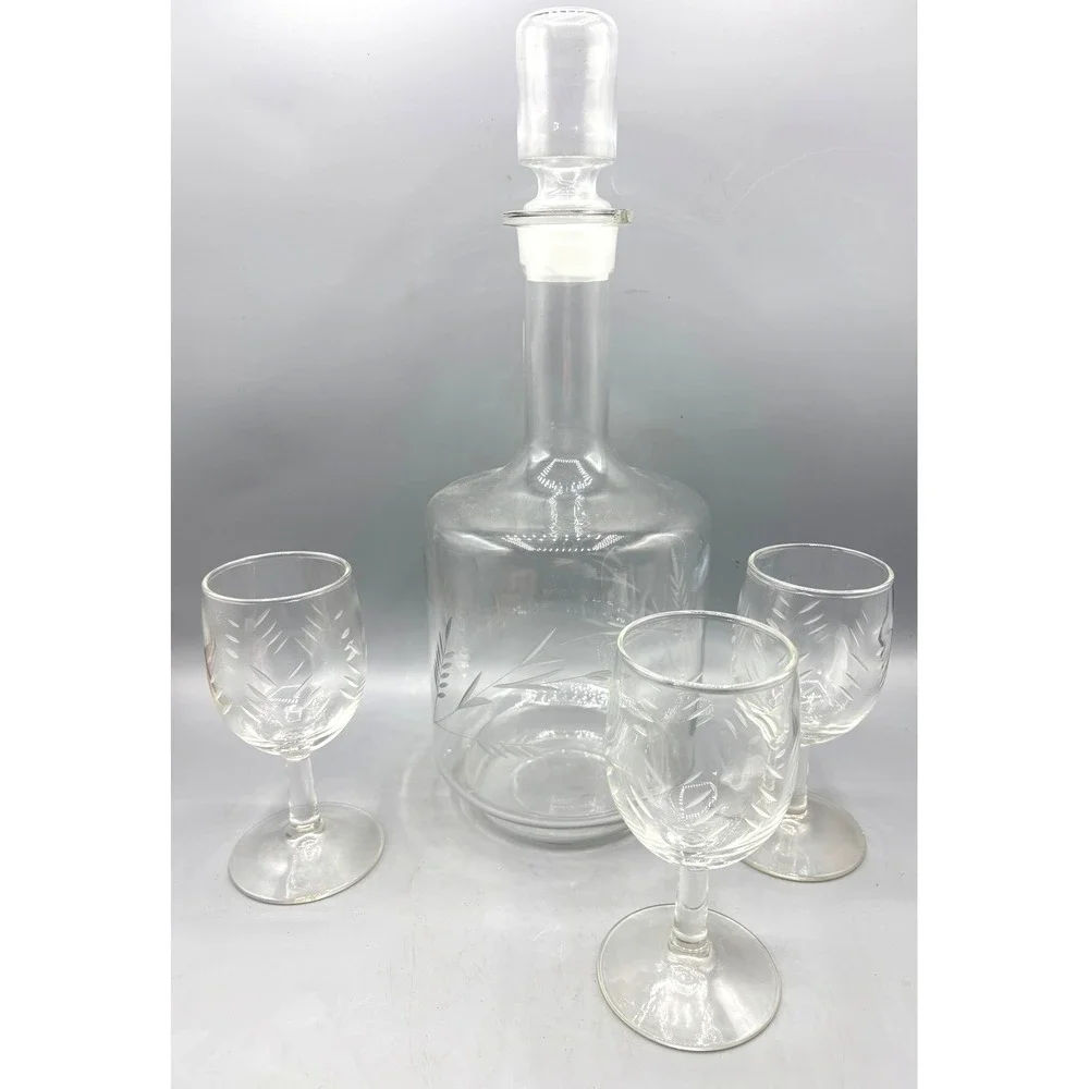 Vintage Etched Wheat Glass Decanter Set with Stopper and 3 Cordial Glasses Clear